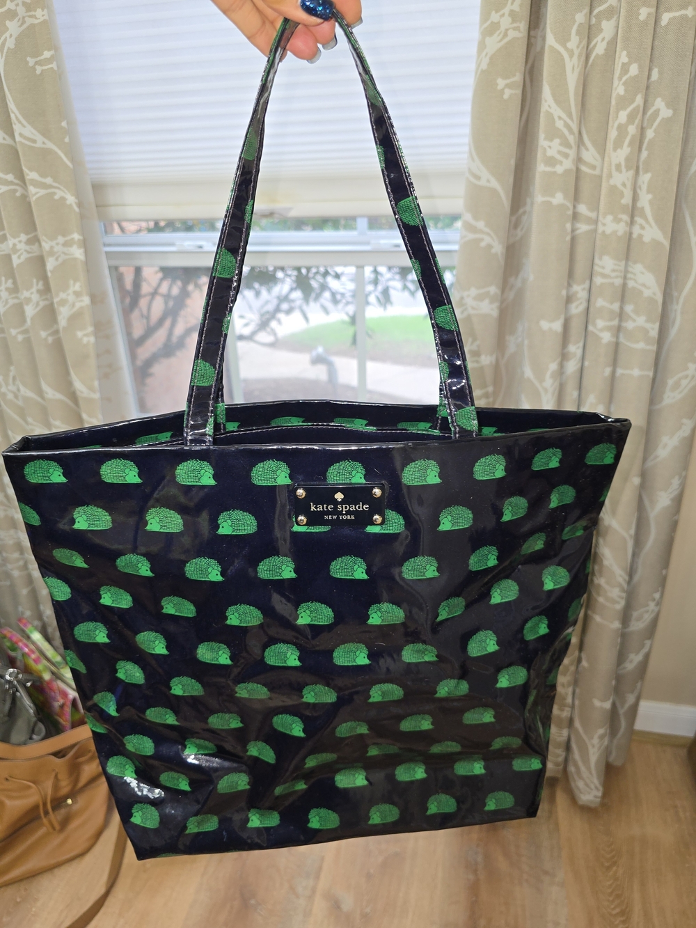 kate spade New York Black Tote with Green Hedgehog Print